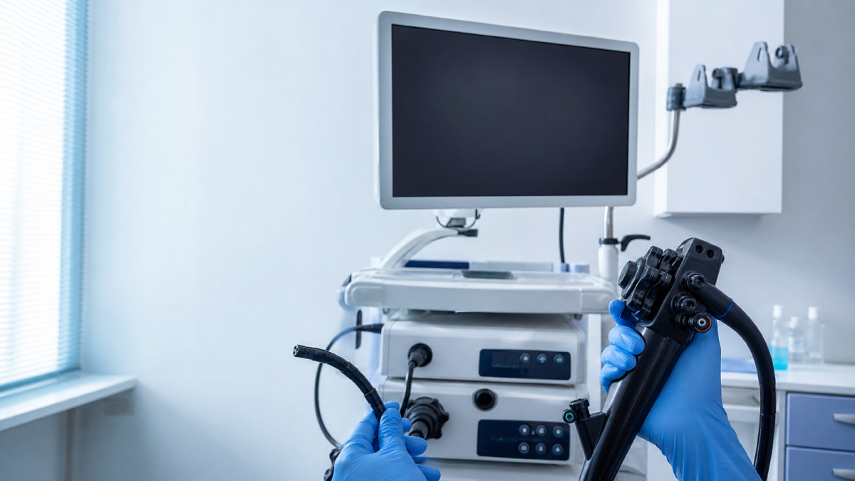 Torre de vídeo e endoscópios preparados em uma sala de endoscopia