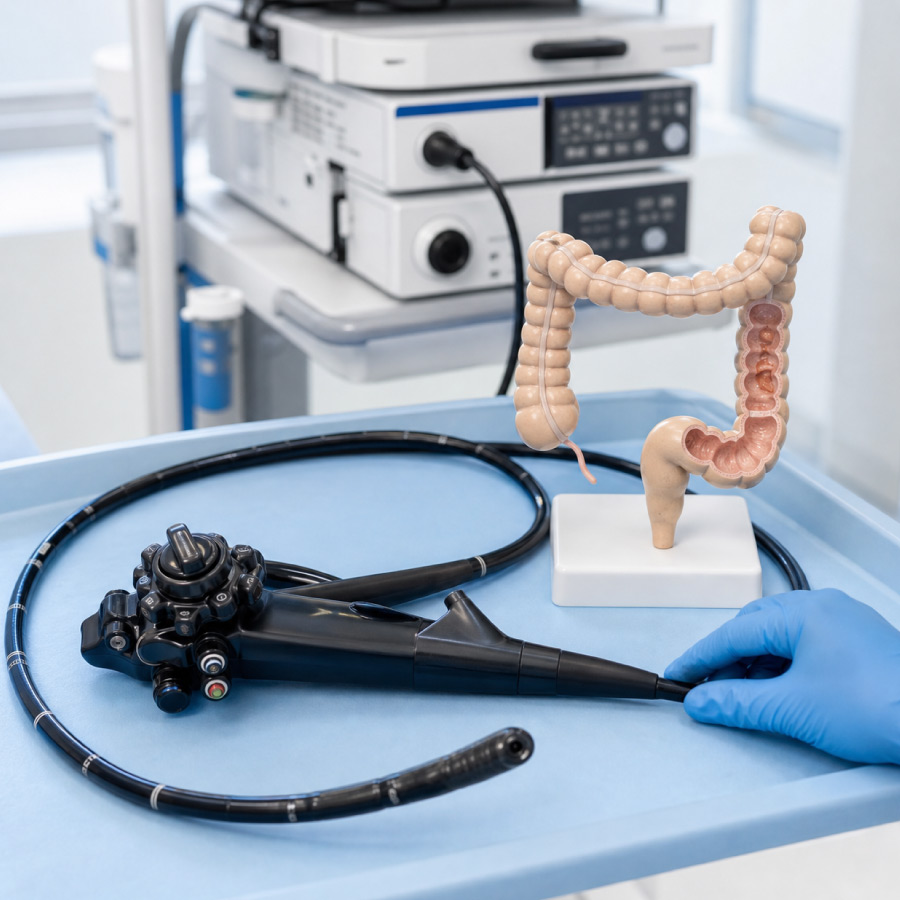 Equipamento de colonoscopia ao lado de modelo educativo do intestino grosso