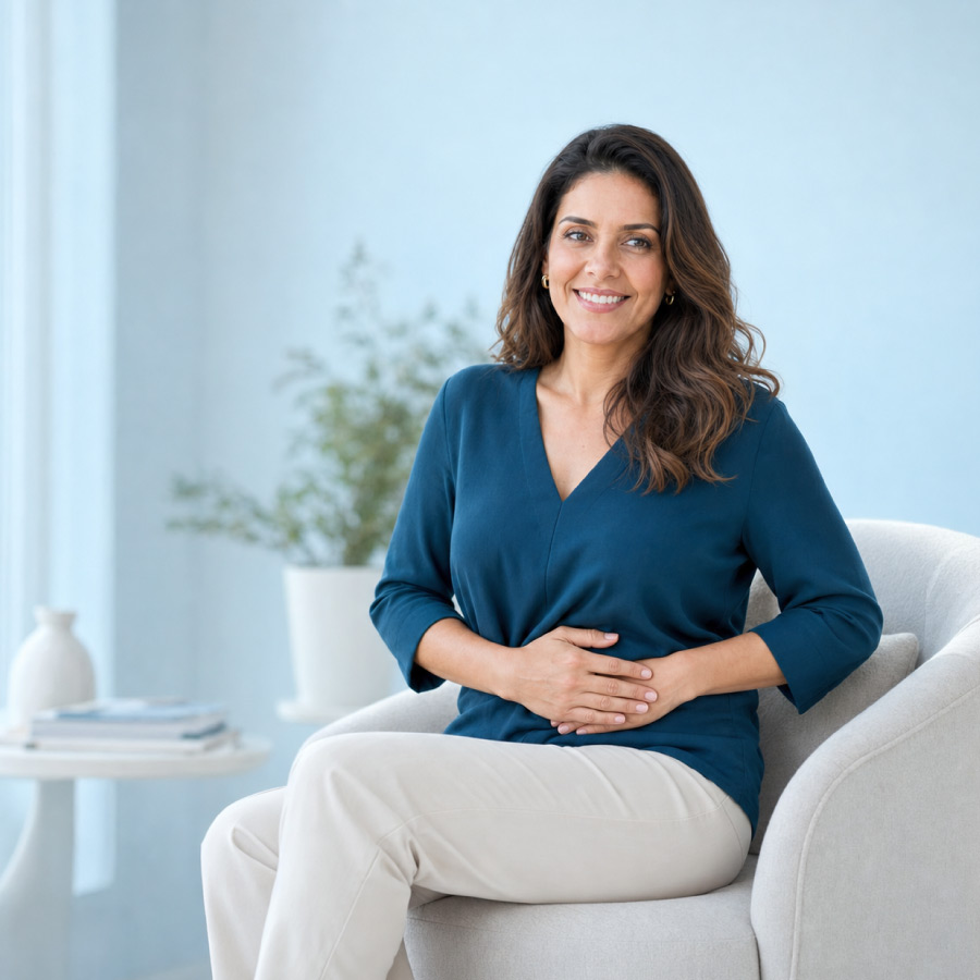 Mulher com as mãos sobre o abdômen representando desconforto digestivo