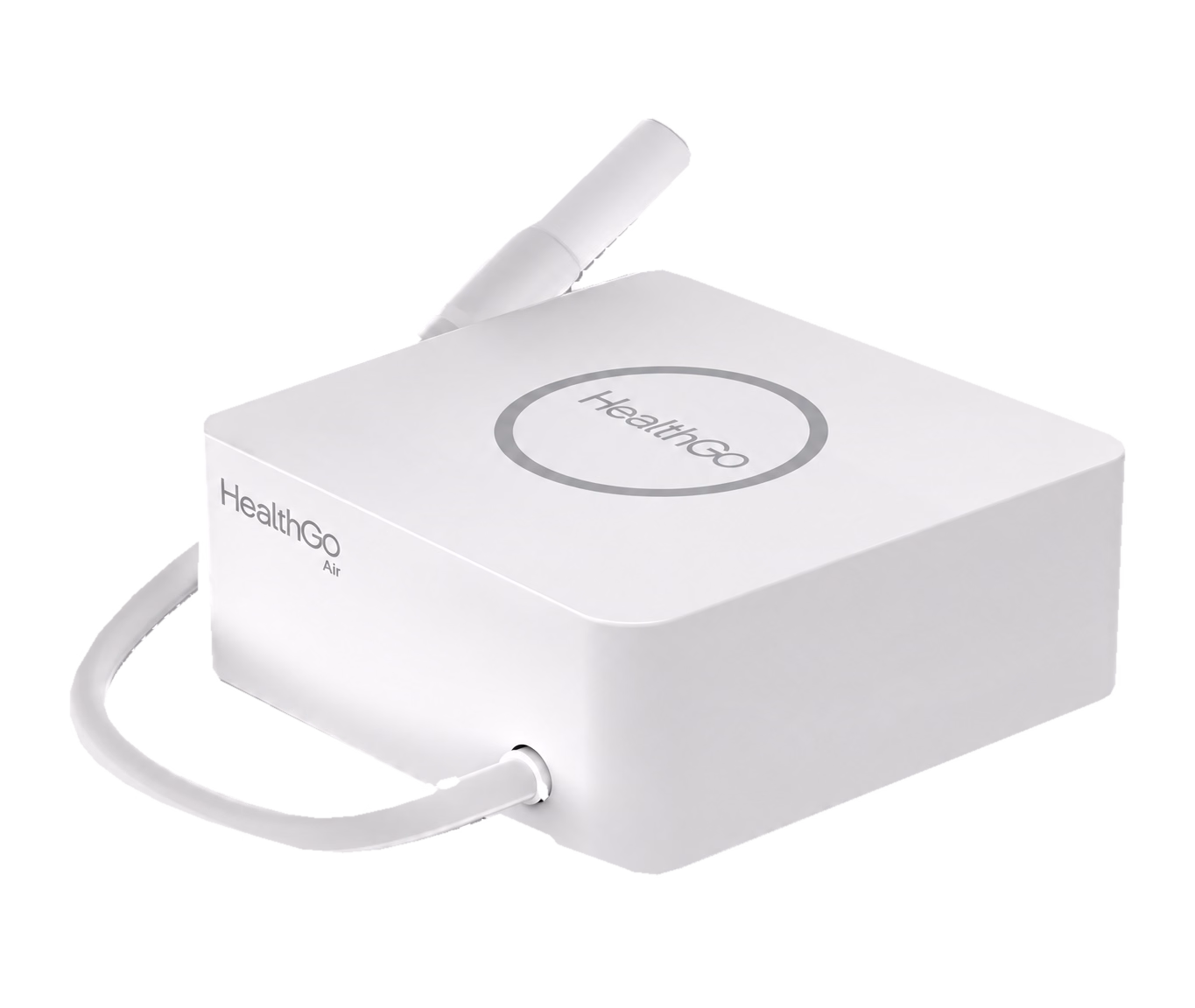 Aparelho HealthGo Air com bocal utilizado no teste respiratório