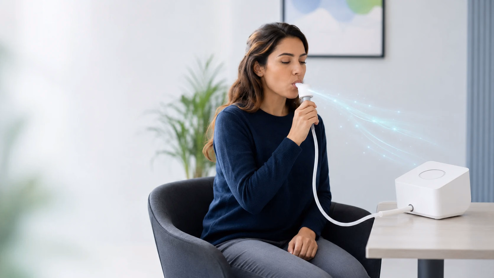 Pessoa soprando no bocal conectado ao aparelho de teste respiratório